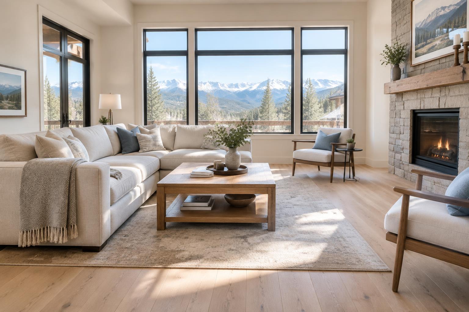 Bright tidy living room with clean wood floors and a neutral sofa